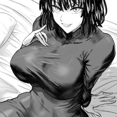 1female, 1girls, bed, big breasts, black and white, breasts, busty, daraz18aka, female, female only, fubuki (one-punch man), huge breasts, large breasts, looking at viewer, monochrome