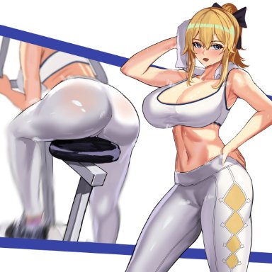 1girls, ass, big ass, big breasts, big butt, blonde hair, breasts, eye contact, female, genshin impact, huge breasts, jean gunnhildr, large breasts, looking at viewer, loooyd