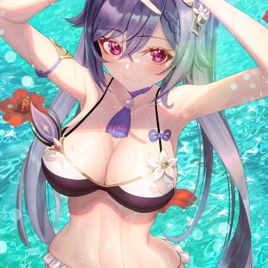 1girls, barely contained, big breasts, bikini, blush, breasts, genshin impact, keqing (genshin impact), midriff, purple eyes, purple hair, swimsuit, thighs, twintails, yawaharan