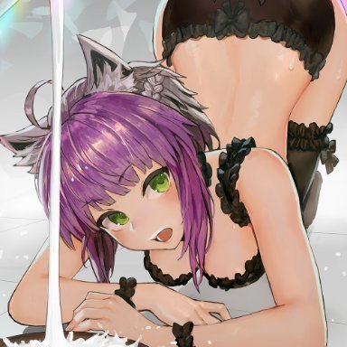 agrius metamorphosis, all fours, animal ears, animal print, ass, atalanta (alter), atalanta (fate), bad anatomy, bangs, black legwear, blush, bowl, cat print, danann, error