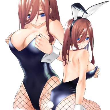 1girls, adjusting clothes, alternate costume, areola, areola slip, backless, backless outfit, big ass, blue hair, brown hair, bunny ears, bunny girl, bunny tail, bunnysuit, busty