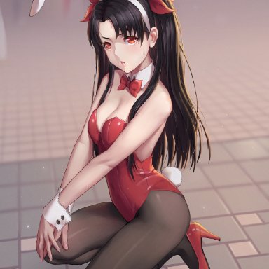 angry, animal costume, animal ears, archer, bangs, bare shoulders, black hair, blurry, blush, bow, bowtie, breasts, bunny costume, bunny ears, bunny tail