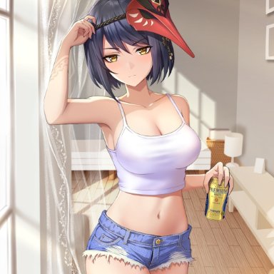 1girls, alcohol, beer, belly button, big breasts, black hair, blush, breasts, busty, cleavage, clothing, denim, denim shorts, drink, female