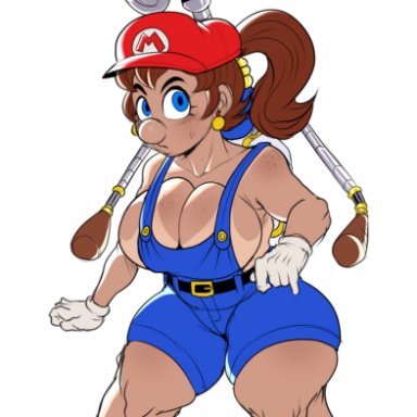 1female, 1girls, big breasts, blue eyes, brown hair, detnox, fludd, gloves, gold earrings, large breasts, looking at viewer, mariette, mario, mario (series), new super mario bros. u deluxe