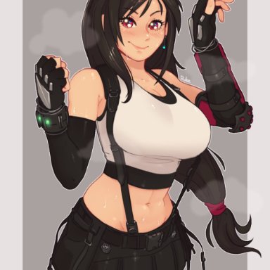 1girls, black hair, blush, clothed, female, female only, final fantasy, final fantasy vii, final fantasy vii remake, justrube, large breasts, long hair, looking at viewer, red eyes, rube