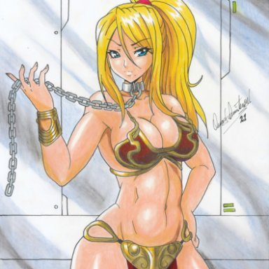 1girls, 2021, bare hips, big breasts, blonde hair, blue eyes, breasts, cleavage, metroid, nintendo, pencil (artwork), ravern clouk, samus aran, slave leia (cosplay), solo