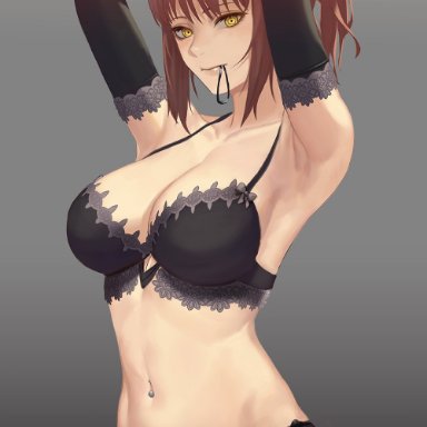 armpits, arms up, bangs, bare shoulders, bikini, black bikini, black bra, black gloves, black sleeves, bra, breasts, brown hair, chainsaw man, cleavage, collarbone