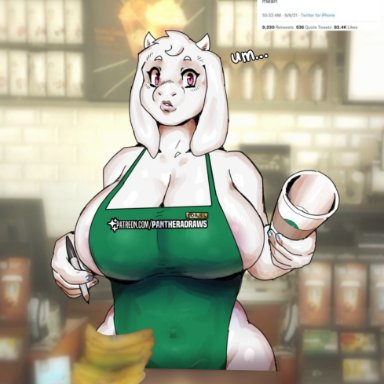 1girls, anthro, apron, goat, goat humanoid, horns, huge breasts, iced latte with breast milk, mammal, mature female, milf, naked, naked apron, pantheradraws, red eyes