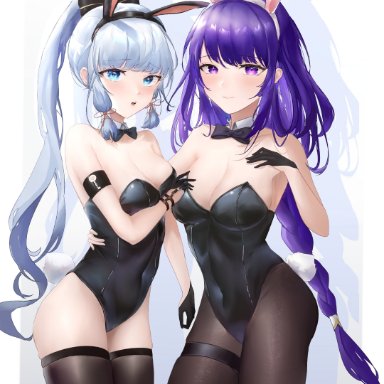 2girls, artist request, ass, beauty mark, big breasts, blue eyes, blue hair, breasts, bunny ears, bunny girl, bunny tail, bunnysuit, genshin impact, kamisato ayaka, mole