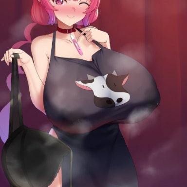 apron, bra, bra removed, dearonnus, heart-shaped pupils, horns, huge breasts, humanoid, ilulu (dragon maid), lactating, lactation, lactation through clothes, light-skinned female, light skin, looking at viewer