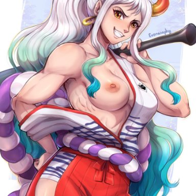 1girl, blue highlights, evomanaphy, gradient hair, horn, japanese clothes, multicolored hair, muscular, muscular female, one breast out, one piece, orange eyes, pose, smile, solo