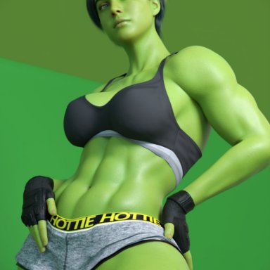 1girls, 3d, abs, blonde hair, blonde highlights, female, female only, fingerless gloves, green eyes, green hair, hands on hips, looking down, marvel, muscular, muscular arms