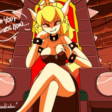 1girls, animated, arm band, big breasts, blonde hair, bowsette, breasts, choker, civibes, crown, dress, exposing chest, fangs, femdom, grabbing own breast