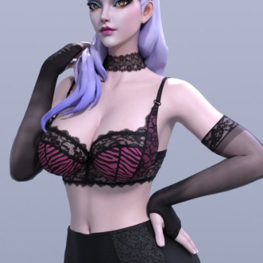 3d, 3d (artwork), ass, black bra, black panties, boobs, breasts, cleavage, depp (artist), evelynn, hand on hip, k/da all out evelynn, k/da all out series, lace choker, lace gloves