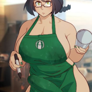 1futa, big penis, breasts, bulge, cleavage, erection, erection under clothes, futa only, futanari, glasses, huge breasts, iced latte with breast milk, looking at viewer, naked apron, penis