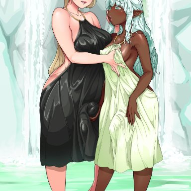 2futas, ball fondling, barefoot, blonde hair, breast grab, breasts, cliff, clothed, clothed futanari, clothed sex, clothing, dark-skinned futanari, detailed background, dress, duo