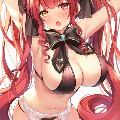 1girls, 2020, :o, alternate costume, armpits, arms behind head, arms up, ayamy, bare arms, bare shoulders, black bra, black headwear, black panties, bow, bowtie