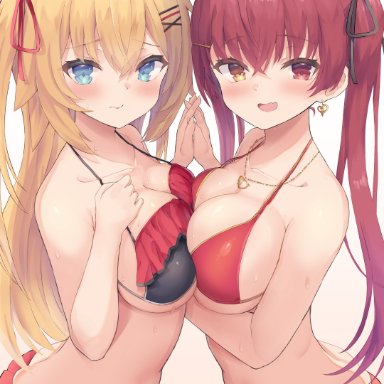 2021, 2girls, absurdres, akai haato, bangs, bare arms, bare shoulders, bikini, bikini skirt, black bikini, black ribbon, blonde hair, blue eyes, blush, breast press