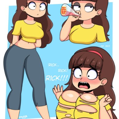 big boobs, big breasts, breast expansion, brown hair, eevilish, headband, morticia smith, morty smith, potion, red headband, rick and morty, rule 63, text