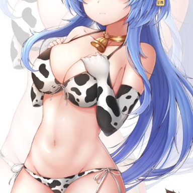 adeptus, big breasts, bikini, blue hair, breasts, cow bell, cow ears, cow girl, cow print, cow print bikini, cow tail, cowgirl, ganyu (genshin impact), genshin impact, horns