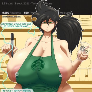 apron, big breasts, black hair, breasts, english texticed latte with breast, goal, hourglass figure, huge breasts, huge hips, iced latte with breast milk, leo (richdraw), light skin, meme, milk, naked apron