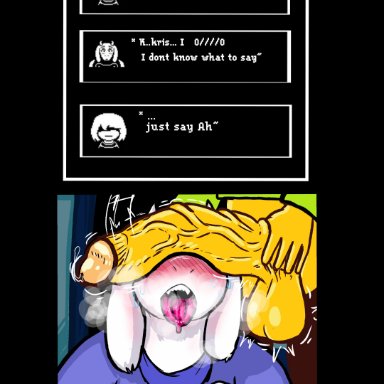 1boy, 1girls, anthro, balls, big balls, big penis, blush, cant see the haters, cock hungry, comic, comic page, comic panel, deltarune, dialog, dialogue