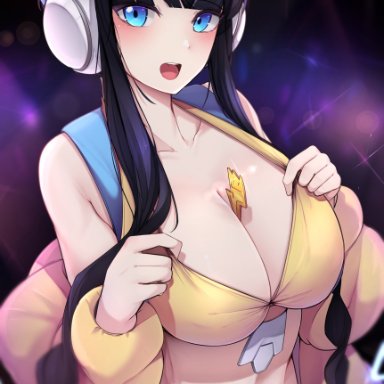 1girl, bangs, black hair, blue eyes, blush, breasts, coat, colored, crotch lines, ddangbi, electricity, elesa (pokemon), exposing chest, female, female only