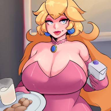 alternate costume, big breasts, blonde hair, blue eyes, breasts, iced latte with breast milk, lipstick, looking at viewer, makeup, mario (series), milk, milk bottle, nintendo, nunsafeforwork, princess peach