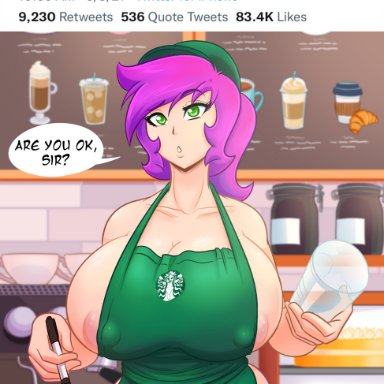 apron, big breasts, breasts, cap, english text, female, green eyes, hourglass figure, huge breasts, human, iced latte with breast milk, kogeikun, light-skinned female, light skin, looking at viewer