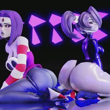 2girls, 3d, animated, ass, bouncing ass, clothes swap, dc, female, female only, grey skin, huge ass, prevence, raven, skullgirls, squigly
