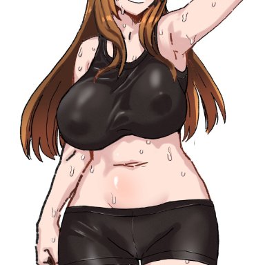 1girls, alternate breast size, aroused, blush, bra, dekosukentr, guilty gear, guilty gear strive, hat, large breasts, may (guilty gear), solo, sweat, sweatdrop, sweating