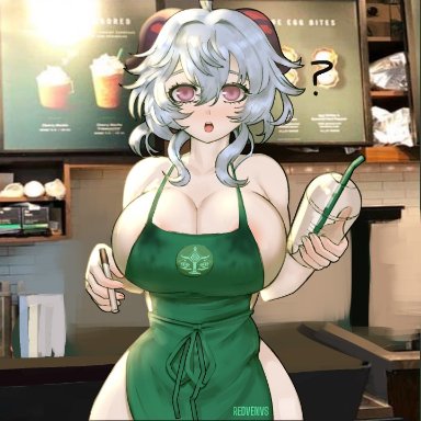 apron, apron only, blue hair, cleavage, coffee, ganyu (genshin impact), genshin impact, horns, huge breasts, iced latte with breast milk, redvenus, thick thighs, wide eyed