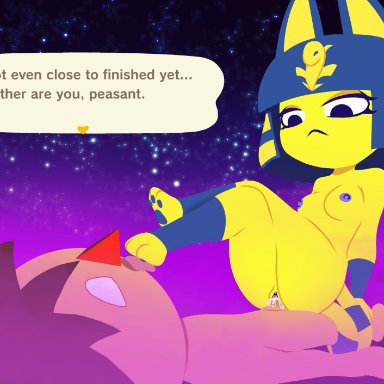 1boy, 1girls, animal crossing, animal crossing boy, ankha, ankha ride (minus8), blue hair, breasts, cat ears, cat tail, catgirl, cowgirl position, english text, feline, female