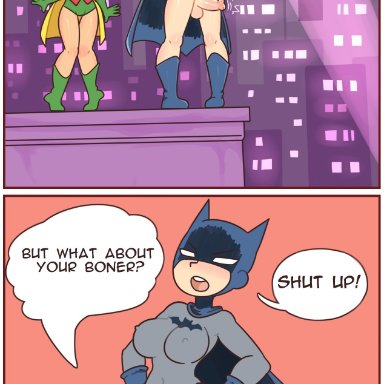 1boy, 1futa, balls, batman, batman (series), big breasts, big penis, bottomless, breasts, brown hair, clothed, clothing, dc, dialogue, duo