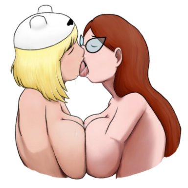 2girls, adventure time, betty grof, blonde hair, cartoon network, closed eyes, edit, female only, french kissing, glasses, hat, kissing, large breasts, long hair, mature female