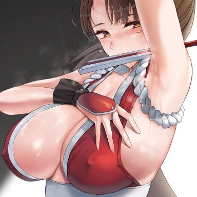 1girls, 2021, absurdres, arm up, armpit fetish, armpit focus, armpits, bracer, breasts, brown hair, cleavage, covered nipples, eyebrows visible through hair, fatal fury, female