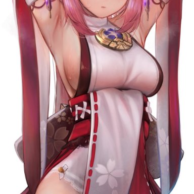 1girls, animal ears, armpits, big breasts, blush, breasts, fox ears, fox girl, genshin impact, japanese clothes, lifting arms, pink hair, purple eyes, thick thighs, thighs