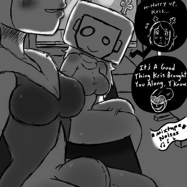 1futa, 1girls, age difference, black and white, blush, box, breasts, bulge, clothed, clothing, deltarune, dialogue, disguise, dubious consent, duo