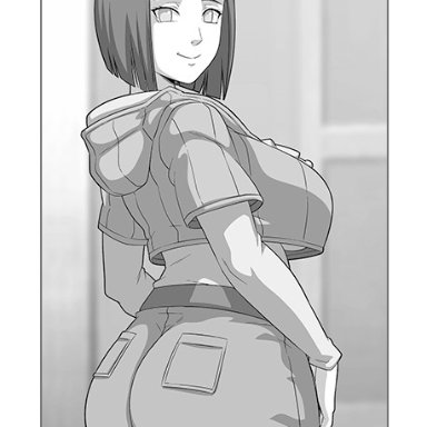 1girls, ass, big ass, big breasts, big butt, boruto: naruto next generations, breasts, eye contact, female, greyscale, hyuuga hinata, large breasts, looking at viewer, mature female, milf