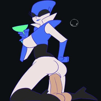 1boy, 1girls, animated, black background, black boots, blanklazarus, blue gloves, blue lipstick, blue nipples, boots, breasts, coupe, cup, deltarune, deltarune chapter 2