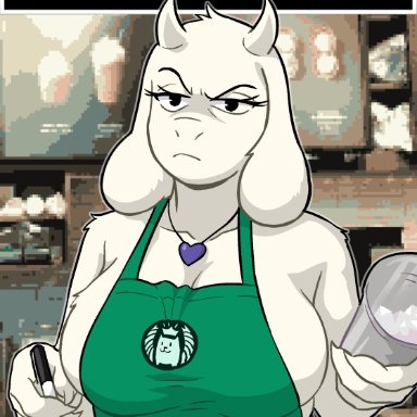 angry, anthro, apron, big breasts, centinel303, collar, collarbone, female, female focus, female only, fur, furry, horns, i mean breast milk, iced latte with breast milk