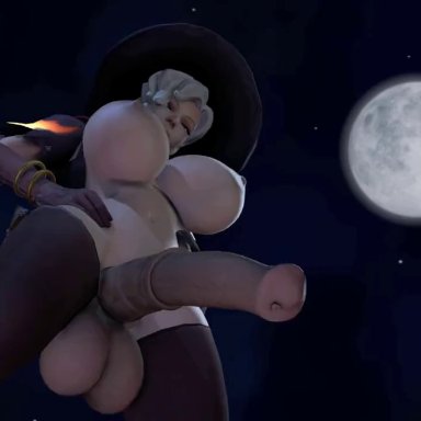 1futa, 3d, animal genitalia, animated, areolae, balls, big balls, big breasts, big penis, breasts, cock pointing towards viewer, erection, futa only, futanari, halloween