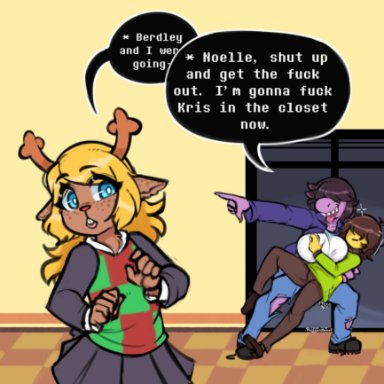 1boy, 2girls, before sex, berdly, big breasts, blonde hair, blue eyes, breasts, clothing, deltarune, deltarune chapter 2, hand on breast, holding partner, interspecies, kris (deltarune)