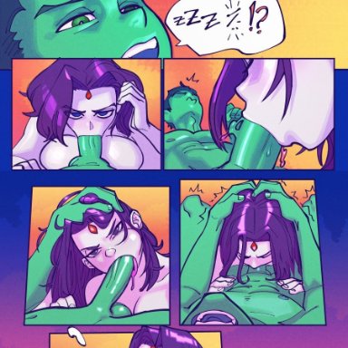 1boy, 1girls, angry, beast boy, blowjob, collaboration, comic, dc, dc comics, edit, fellatio, female, garfield logan, green skin, hagfish