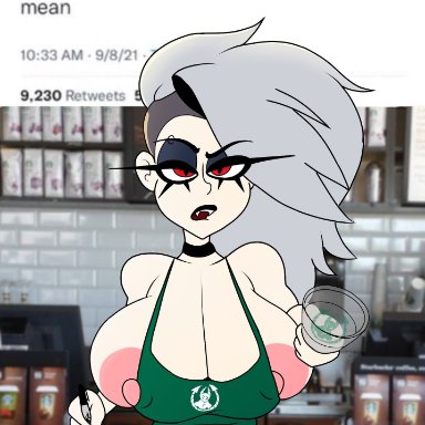 1girl, 1girls, anthro, big breasts, breasts, busty, english text, female, female focus, female only, helluva boss, hourglass figure, human, iced latte with breast milk, large breasts