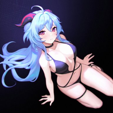 adeptus, barely contained, big breasts, bikini, blue hair, breasts, choker, ganyu (genshin impact), genshin impact, horns, purple eyes, qilin, revealing clothes, siun, swimsuit