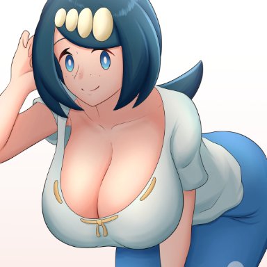 1girls, big breasts, blue eyes, blue hair, breasts, eye contact, huge breasts, kiteman (artist), lana's mother (pokemon), large breasts, long hair, looking at viewer, mature female, milf, nintendo