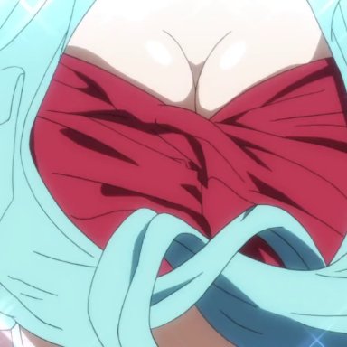 16:9 aspect ratio, 2010s, 2d, 3girls, animated, bikini, blonde hair, blue hair, blush, bouncing breasts, breast grab, breast poke, breasts, cleavage, close-up