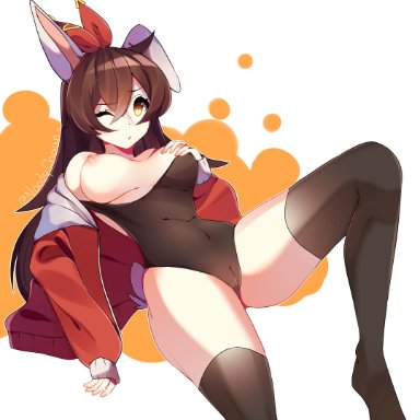 1girls, amber (genshin impact), big breasts, breasts, brown hair, bunny ears, bunny girl, bunny tail, genshin impact, nipples, noodychaan, thick thighs, thighhighs, thighs, wink