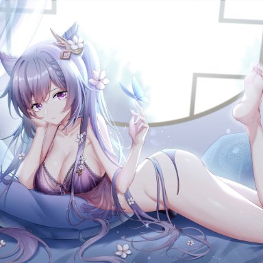 1girls, artist request, ass, barely contained, big breasts, bra, breasts, butterfly, genshin impact, keqing (genshin impact), laying down, laying on bed, laying on stomach, panties, purple eyes